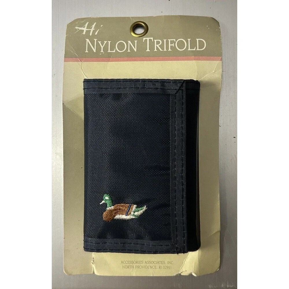 Vintage Mens Nylon Navy Blue Trifold Wallet Embroidered Duck Mallard NWT